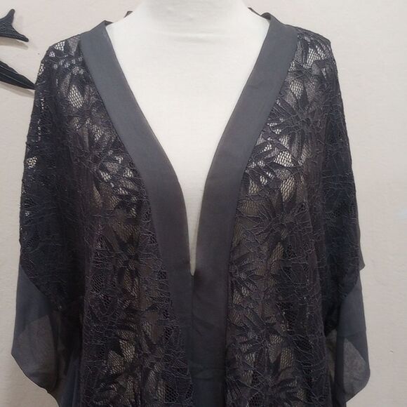 Nightcap by Carisa Rene Jungle Lace Kaftan Cover Up Ash Gray Silk Trim ~ Revolve - Picture 6 of 12
